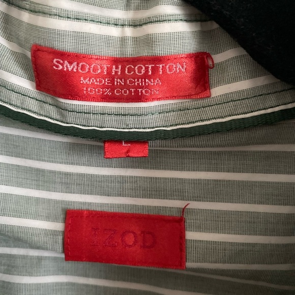 Izod Men’s 100% Cotton Long Sleeves Olive/White Striped Dress Shirt Size L - Picture 3 of 6